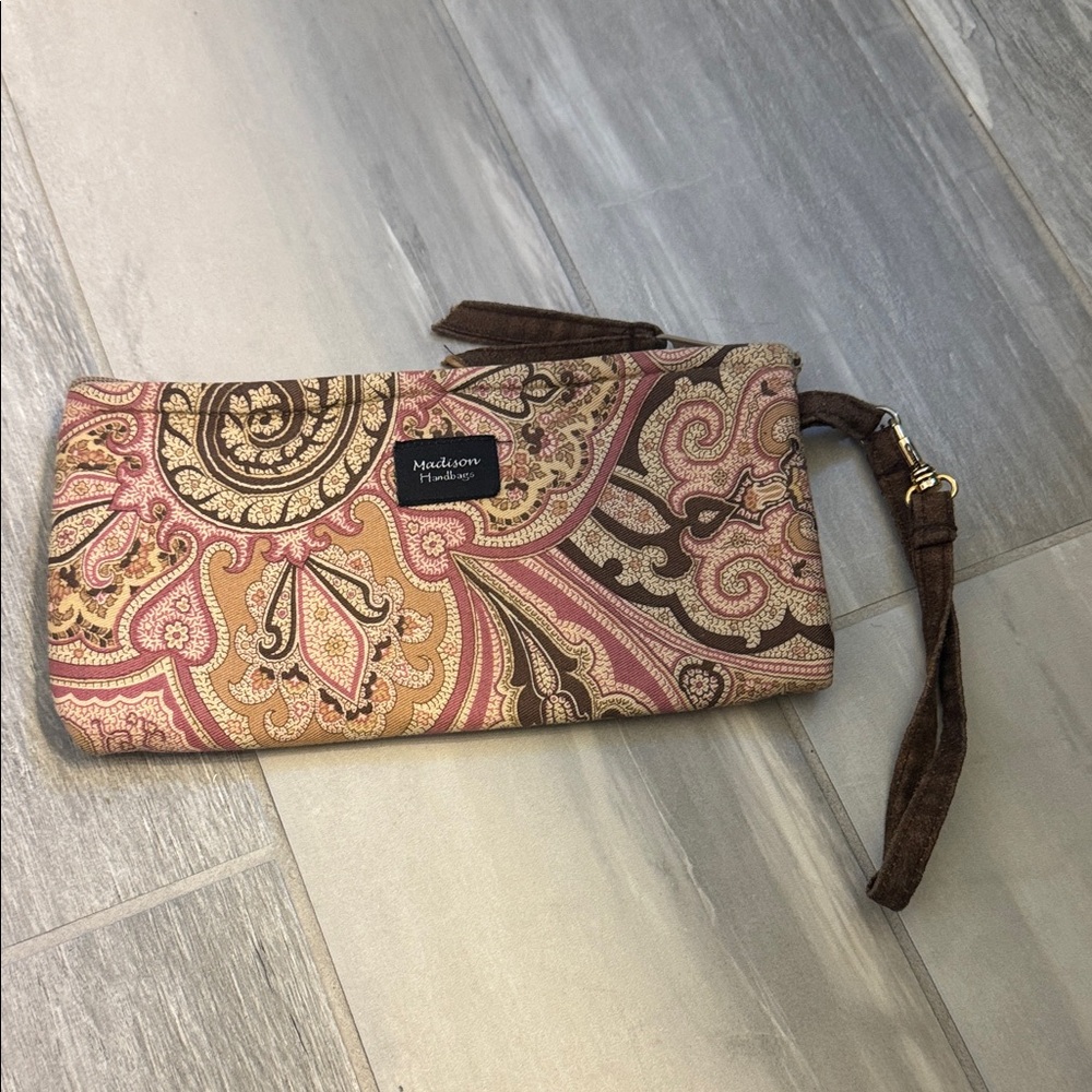 Madison Handbags Paisley Wristlet Clutch in Pink, Brown & Tan